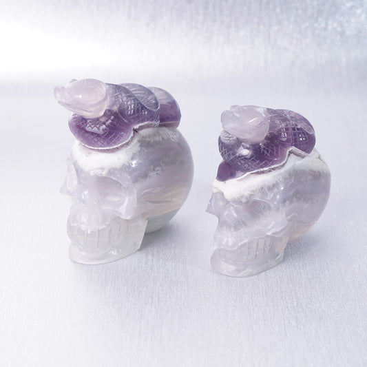 Fluorite Crystal Carving Purple Snake lying on Skull